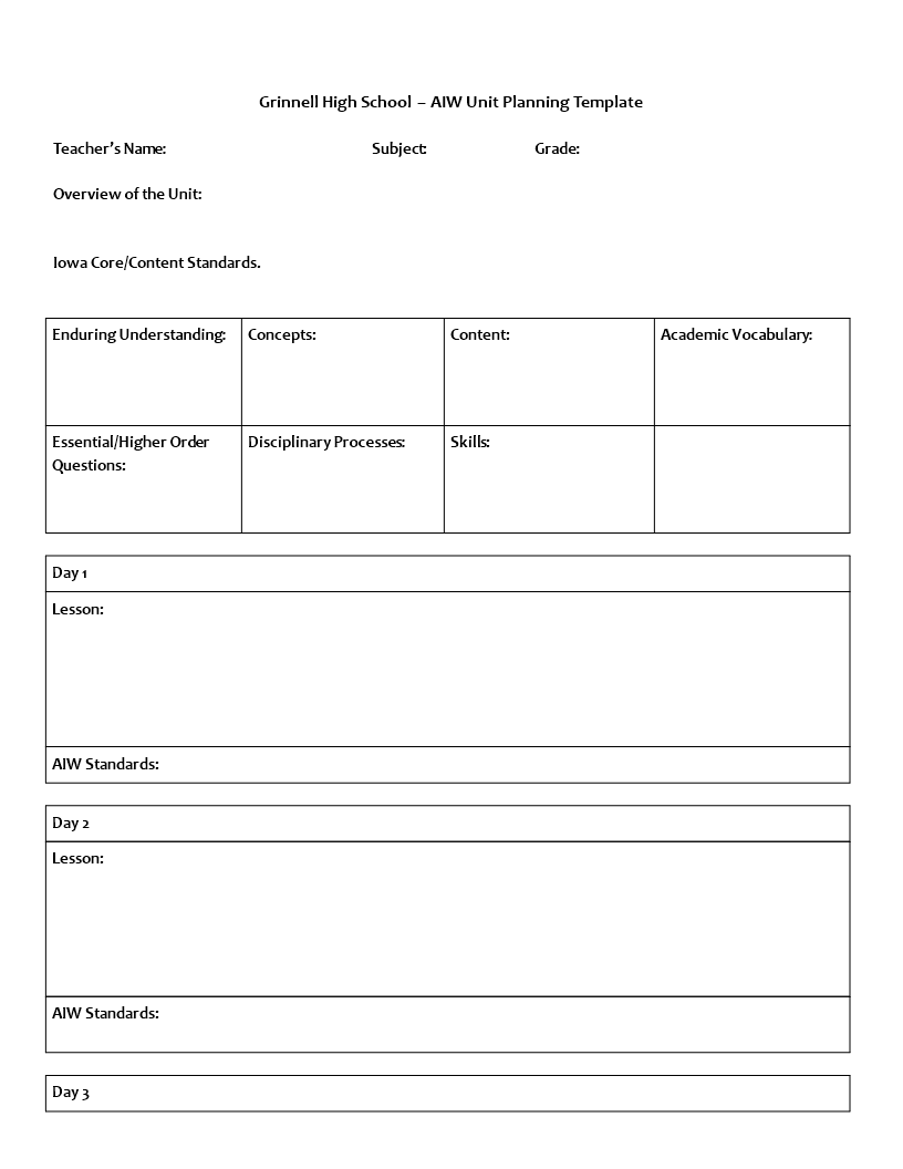 blank unit planning template