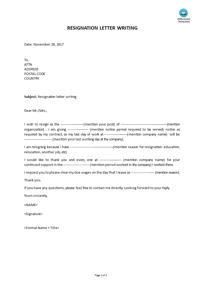 resignation letter writing template