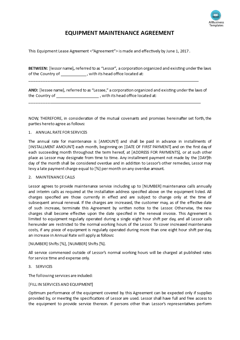 equipment maintenance agreement template