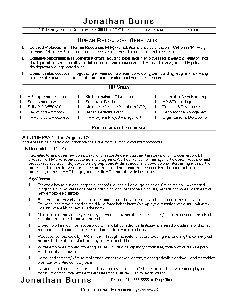 sample resume hr generalist voorbeeld afbeelding 