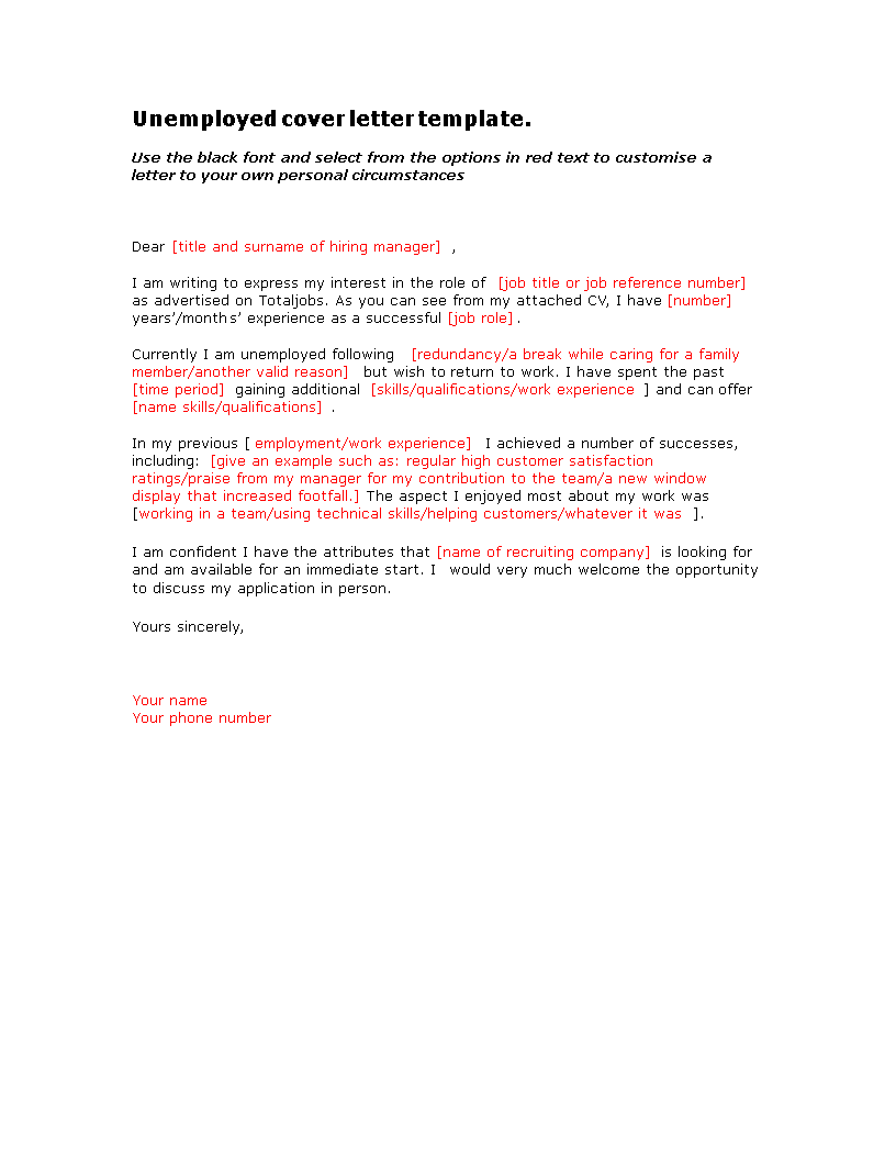 basic unemployed cover letter template