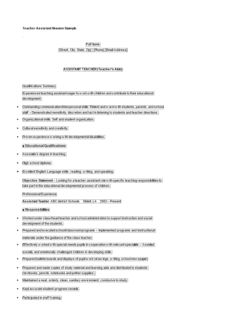 teacher assistant (teachers aide) resume template voorbeeld afbeelding 