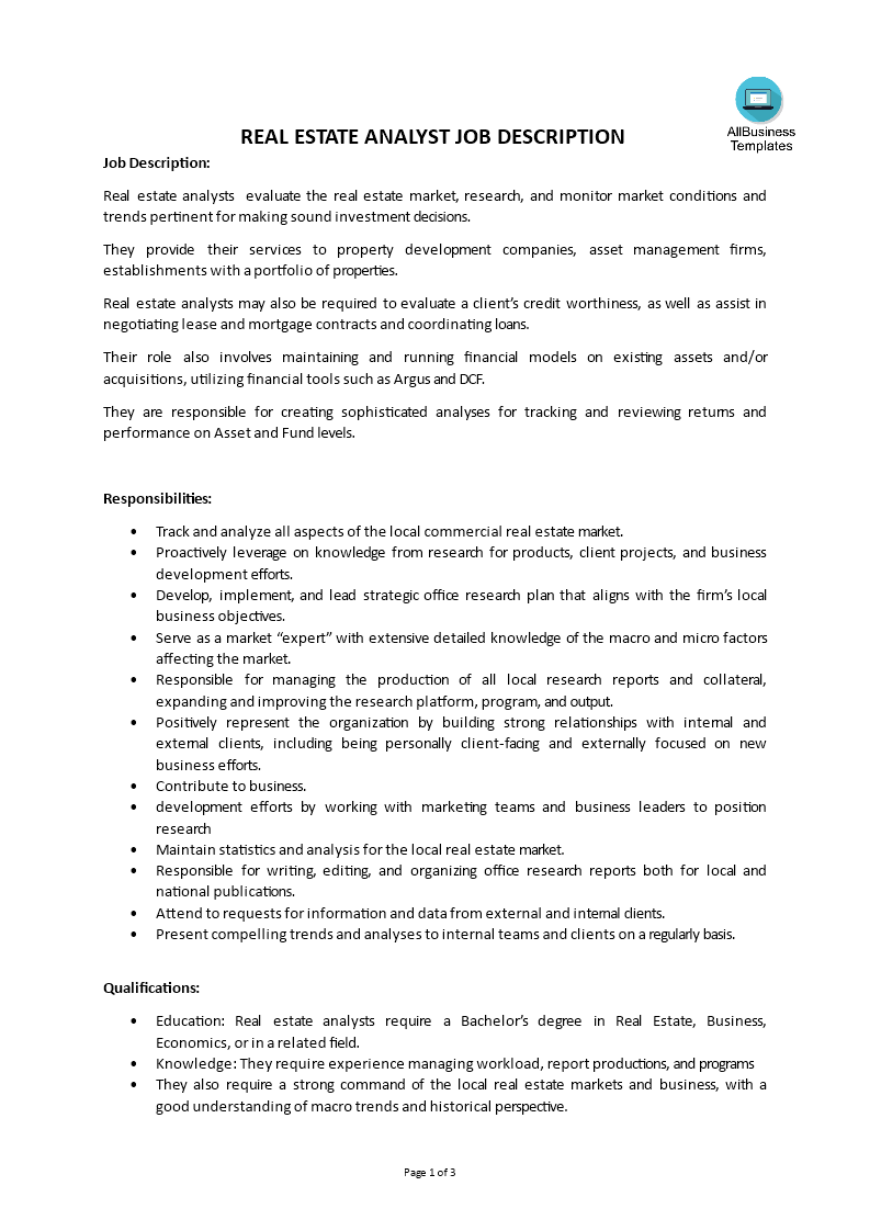 real estate analyst job description modèles