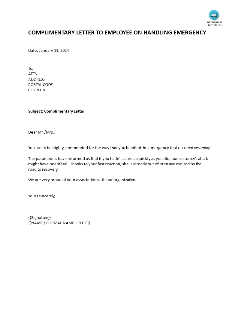 complimentary letter to employee on handling emergency modèles