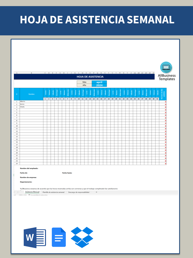 hoja de asistencia semanal template