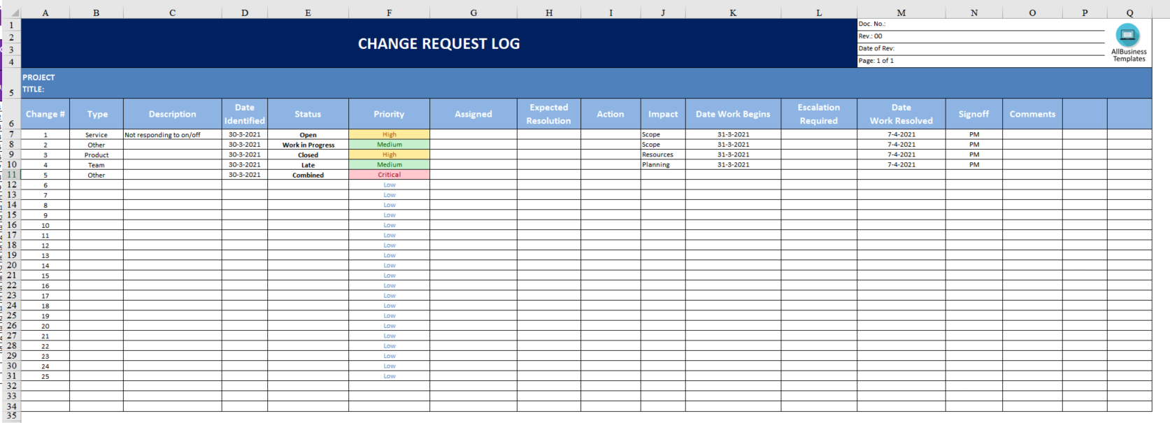 project management change request log template