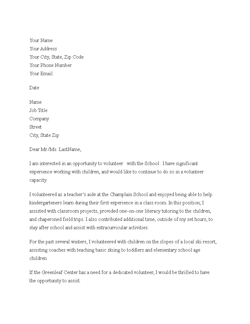 job application letter school volunteer template