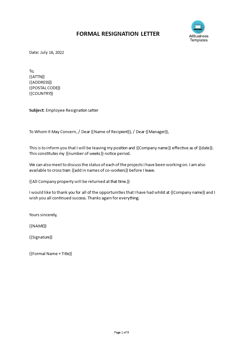 professional resignation letter template template
