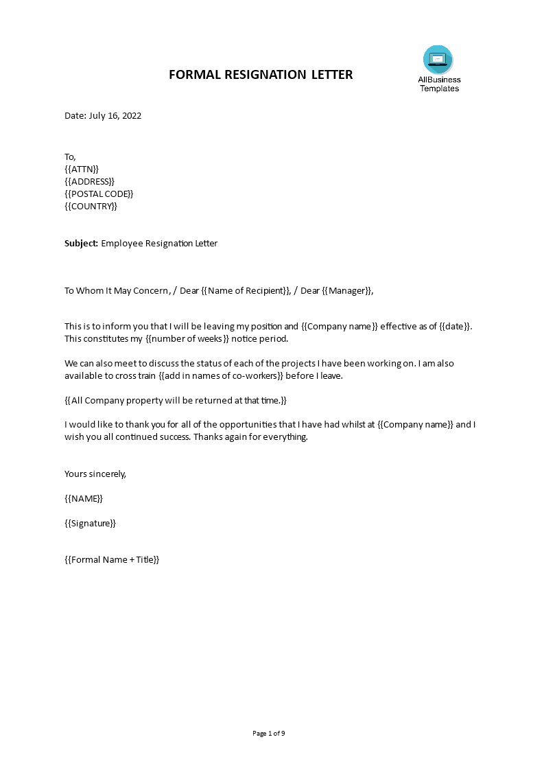 Professional Resignation Letter Template 模板