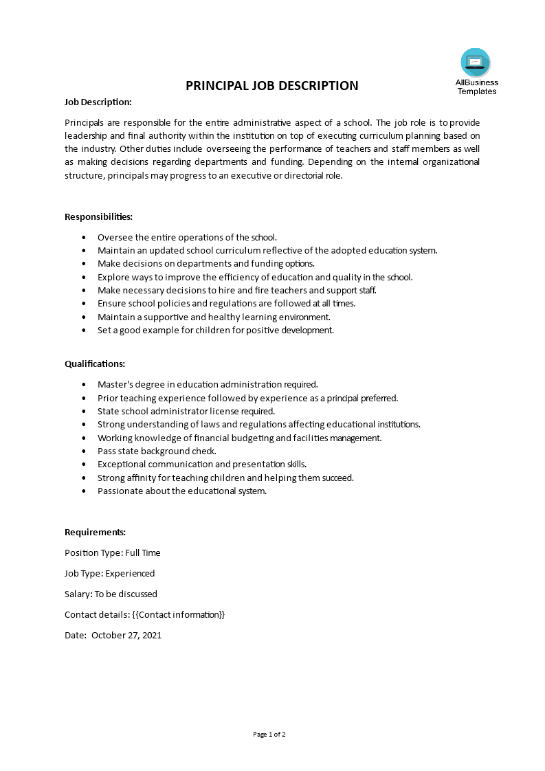 principal job description modèles