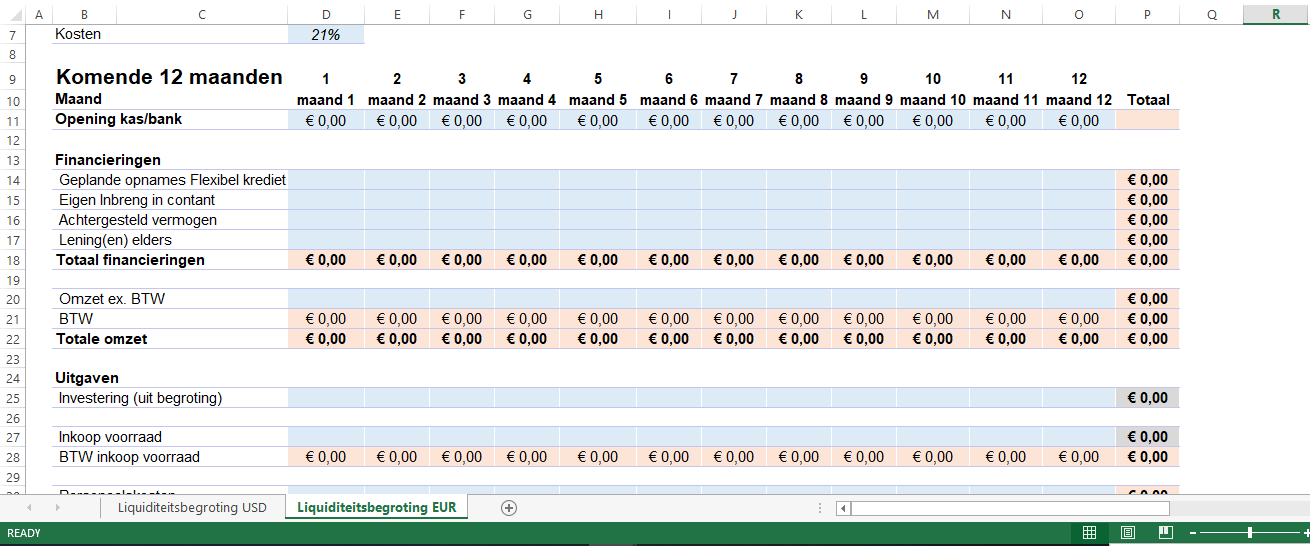Liquiditeits begroting in Excel EUR main image