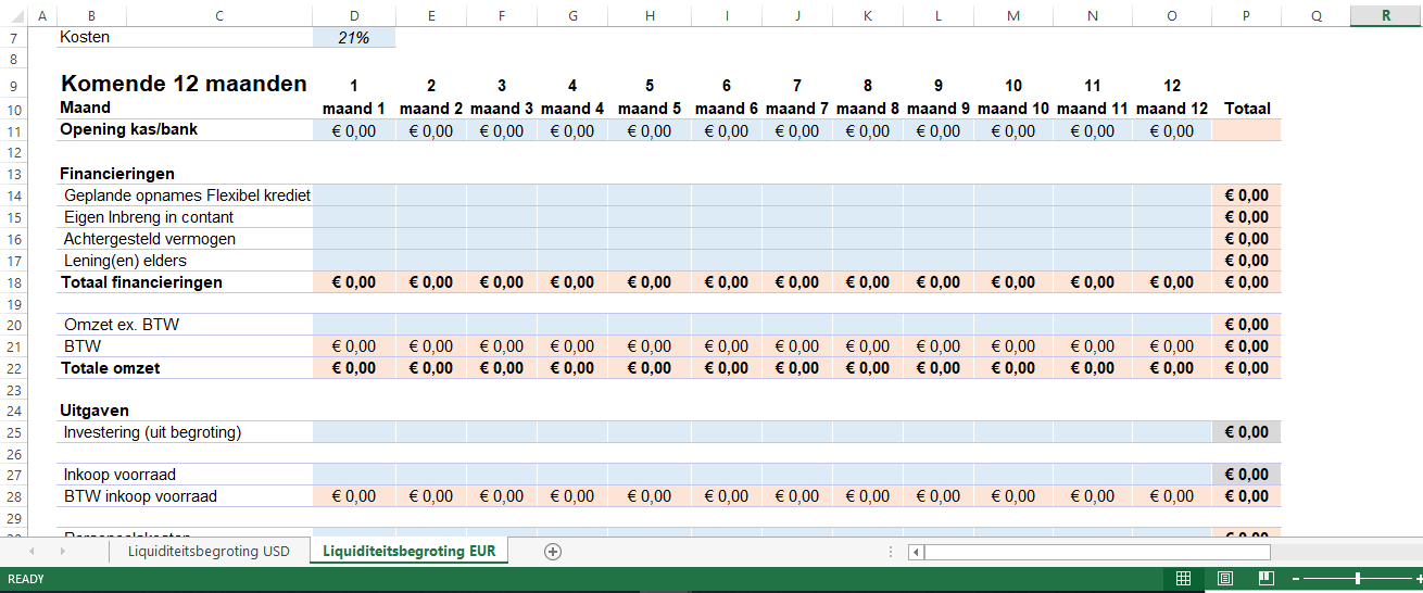 liquiditeits begroting in excel eur template