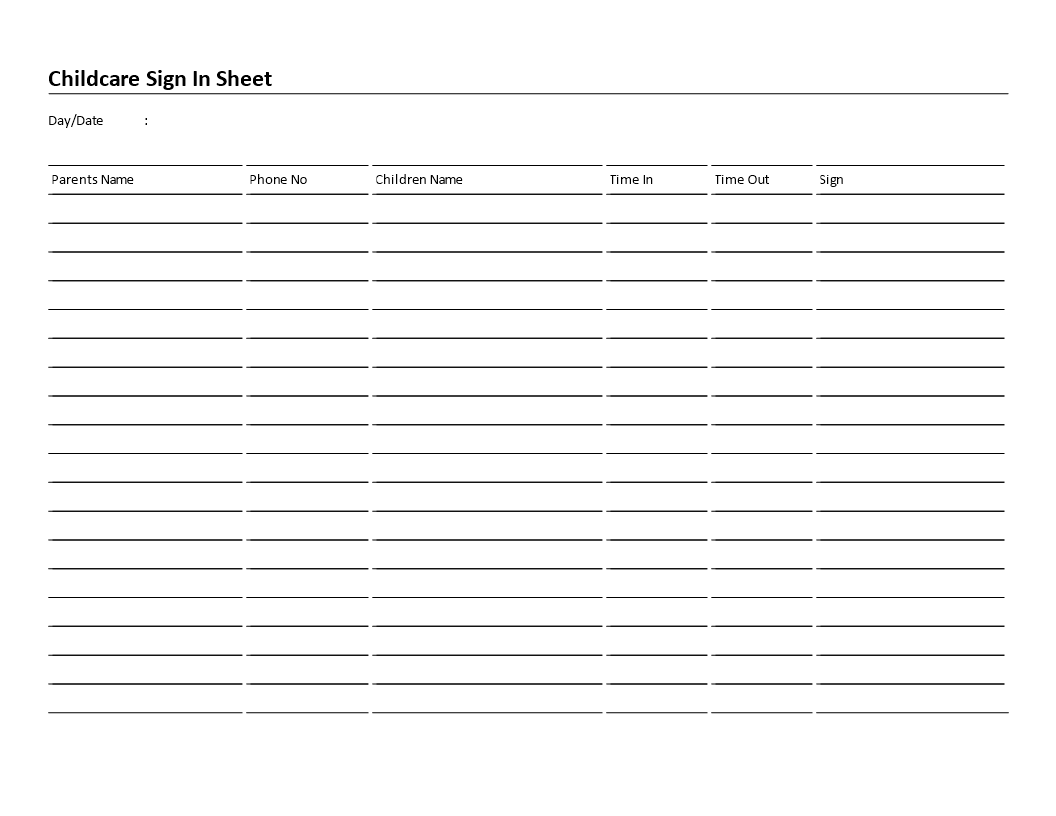 childcare sign-in sheet 6 columns landscape Hauptschablonenbild