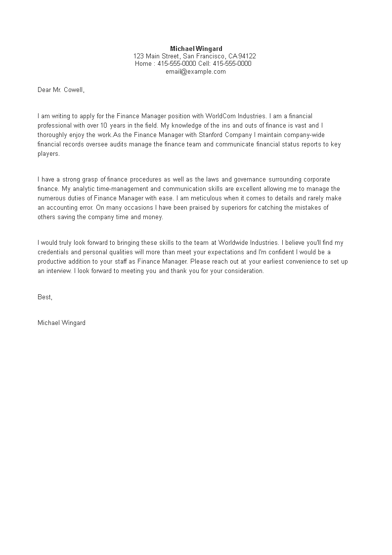 Job Application Letter For Finance Executive main image