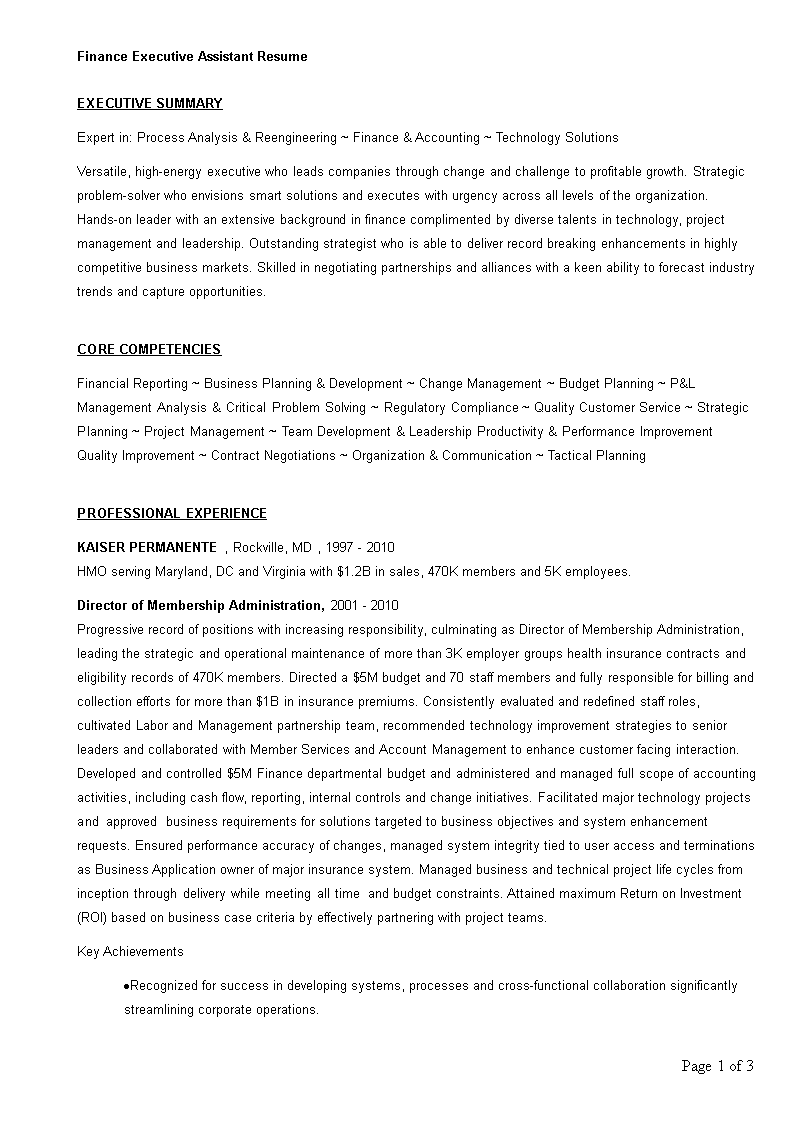 finance executive assistant resume template