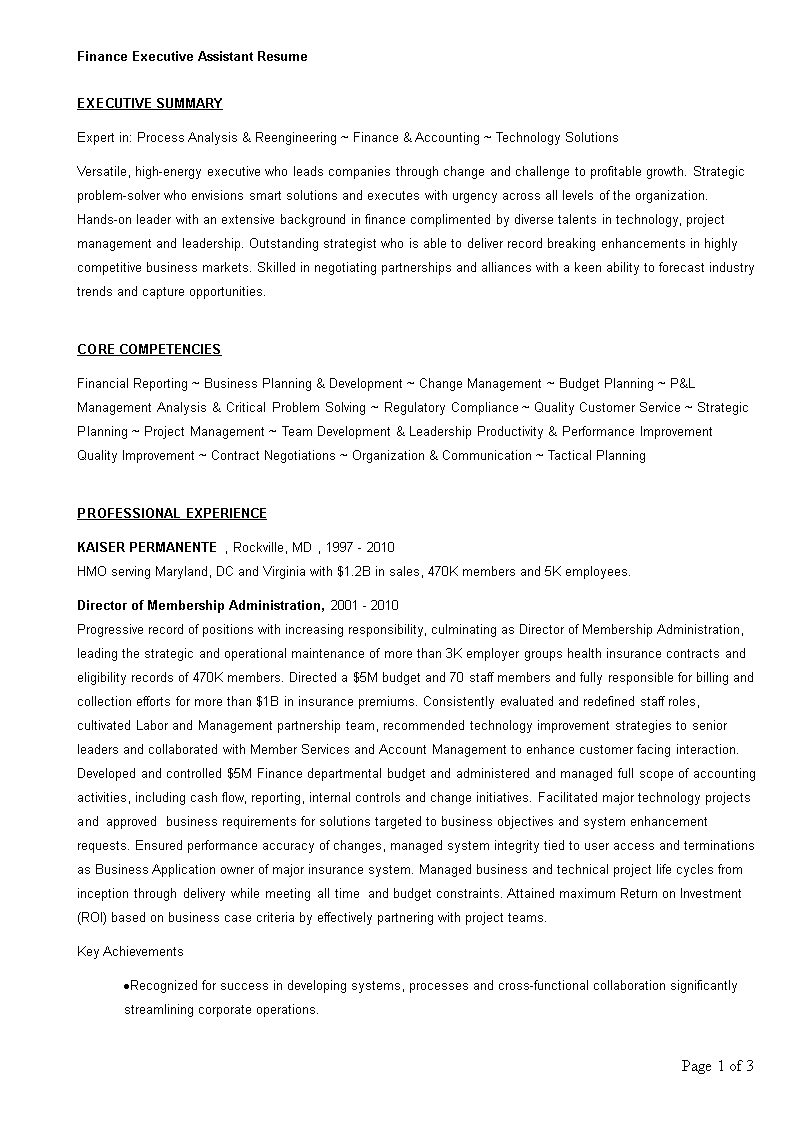 Finance Executive Assistant Resume main image