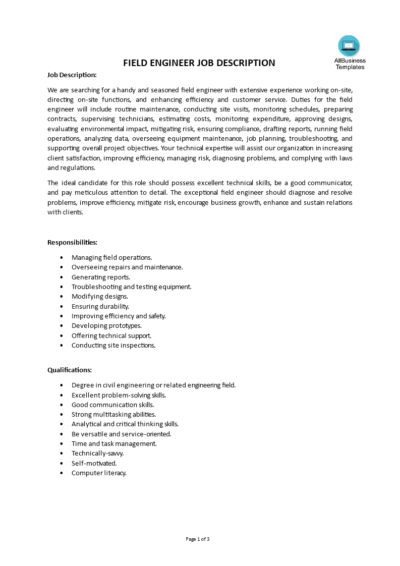 Field Engineer Job Description main image