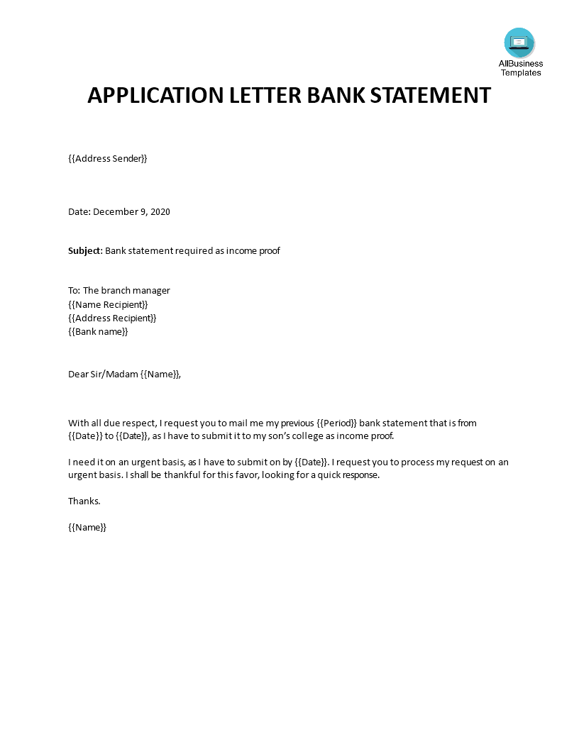 Kostenloses Application Letter for Bank statement