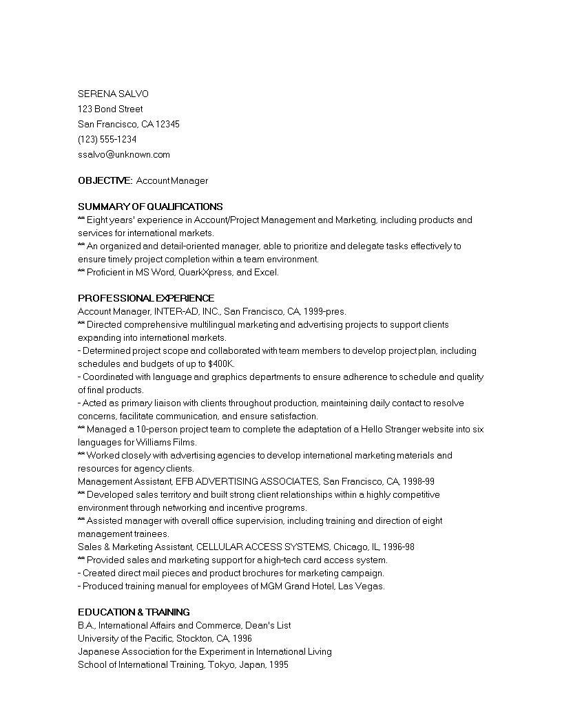 marketing account manager cv modèles