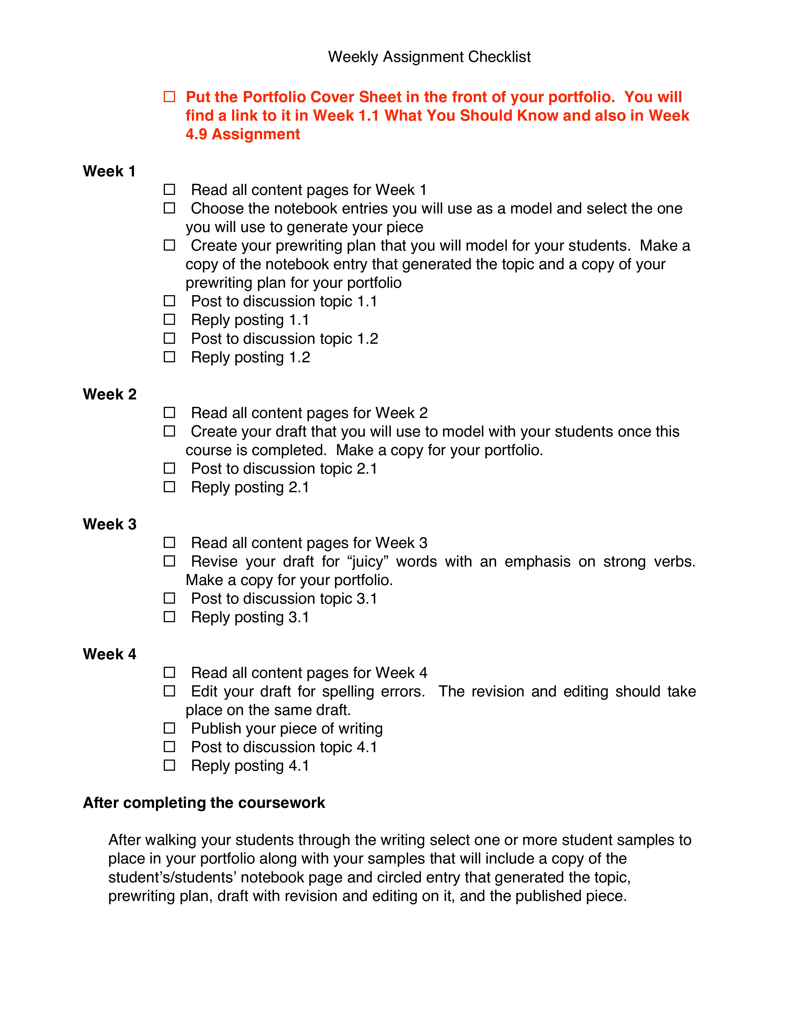  Weekly Assignment Checklist Allbusinesstemplates
