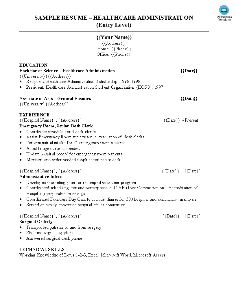 Healthcare Administration Resume 模板