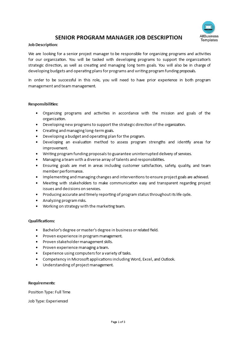 senior program manager job description voorbeeld afbeelding 