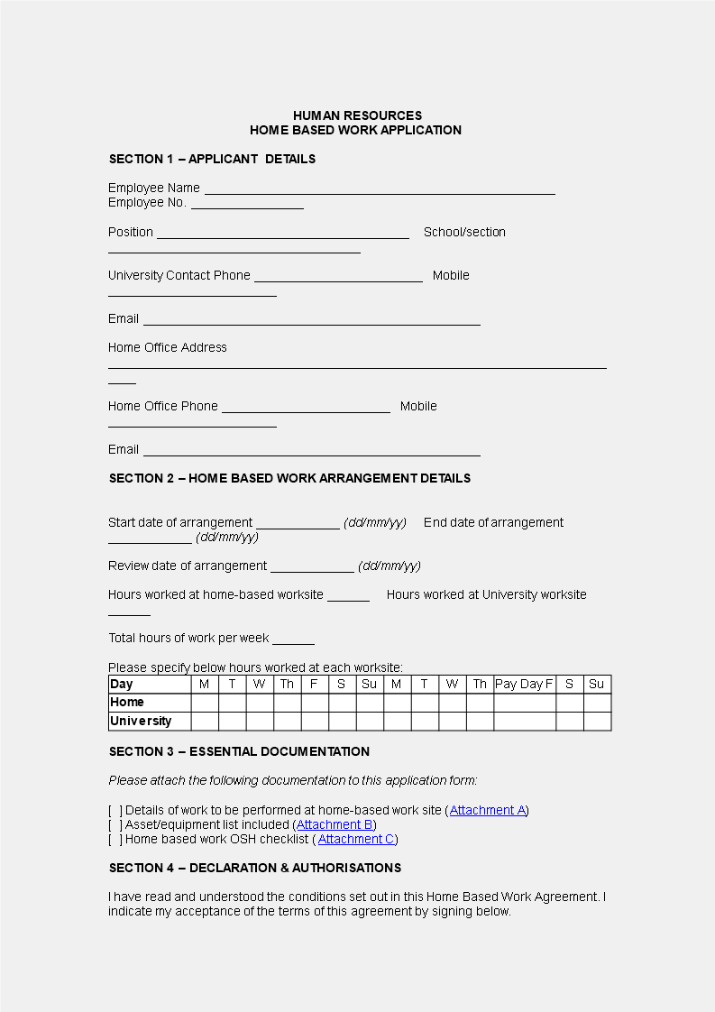 home based work application template