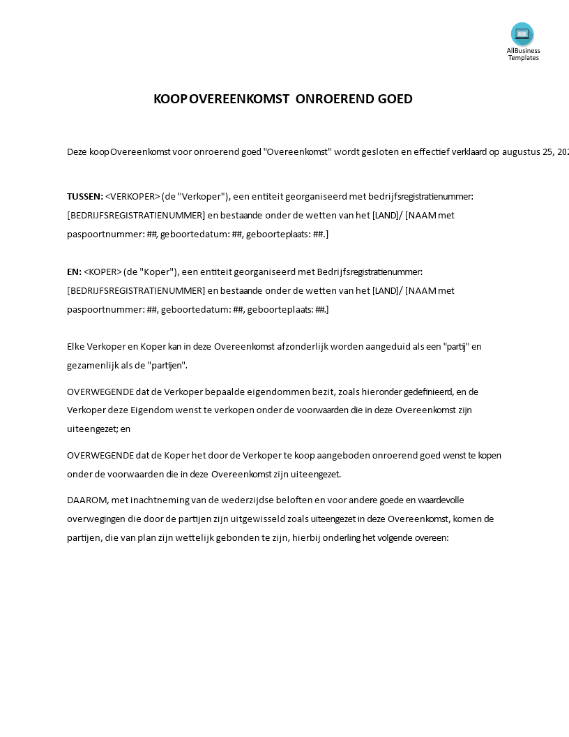 koopovereenkomst onroerend goed template