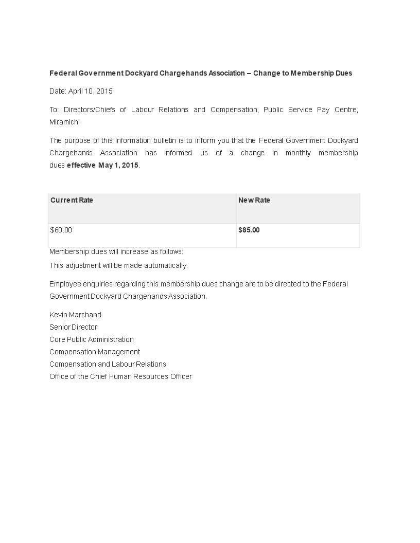 change to membership dues notice template