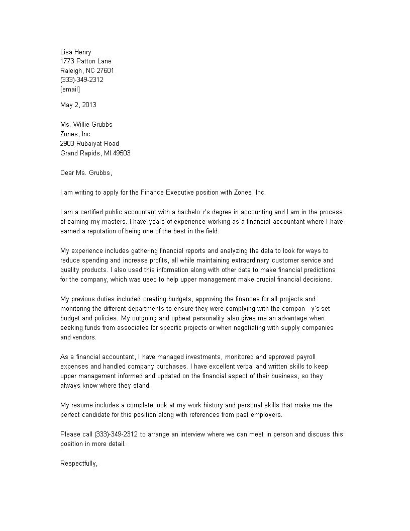 executive finance cover letter template