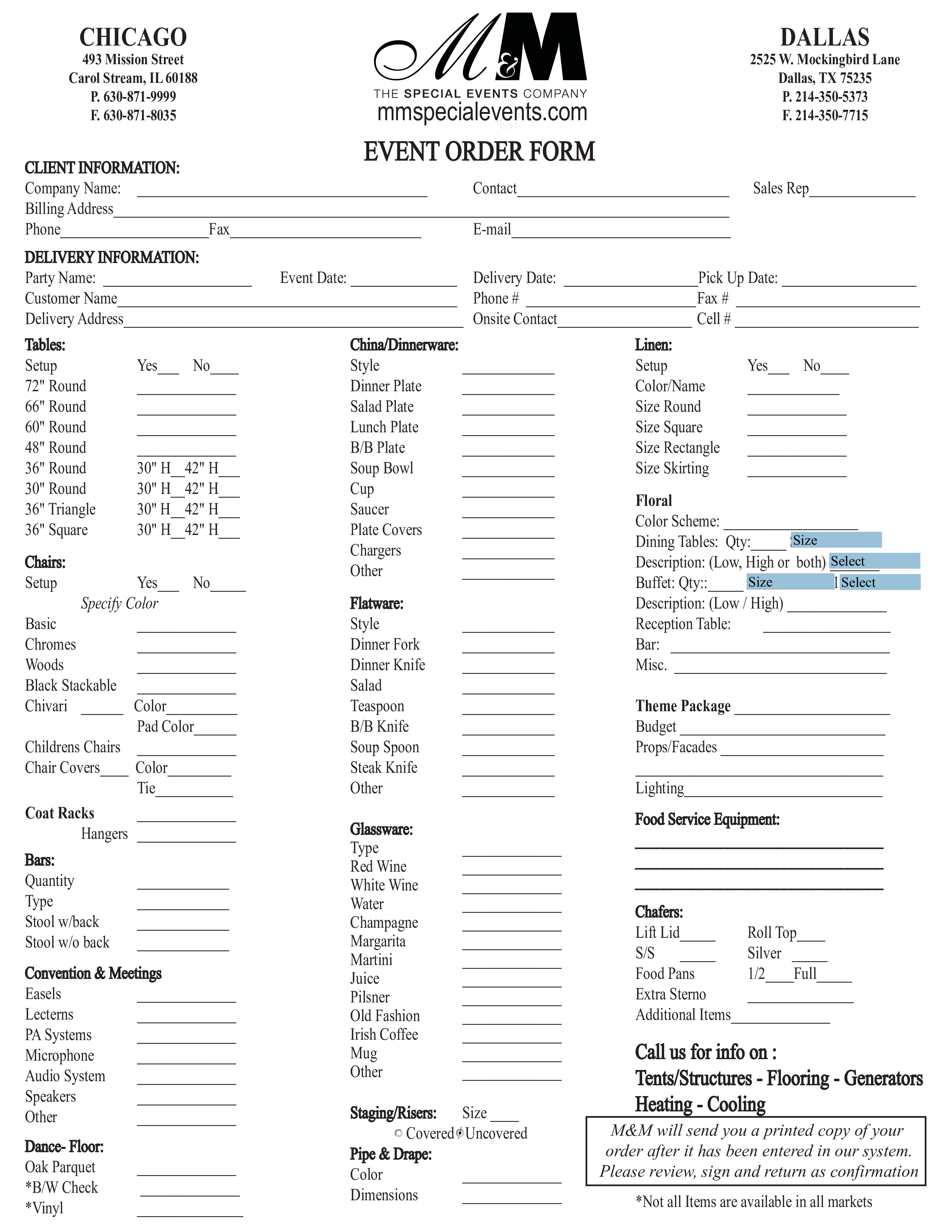 Printable Event Order Form 模板