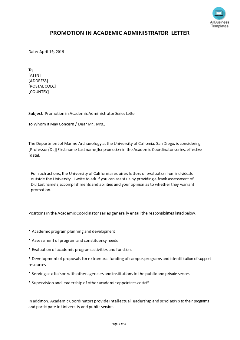 promotion in academic administrator series letter template