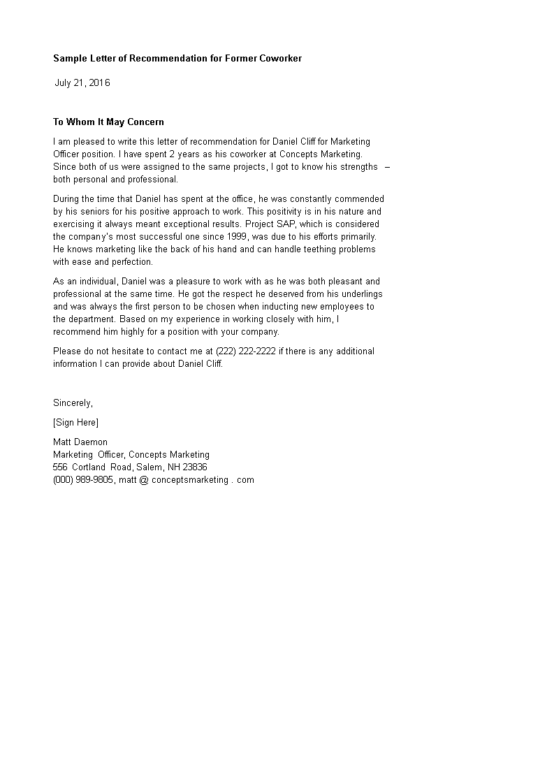 former coworker letter of recommendation template