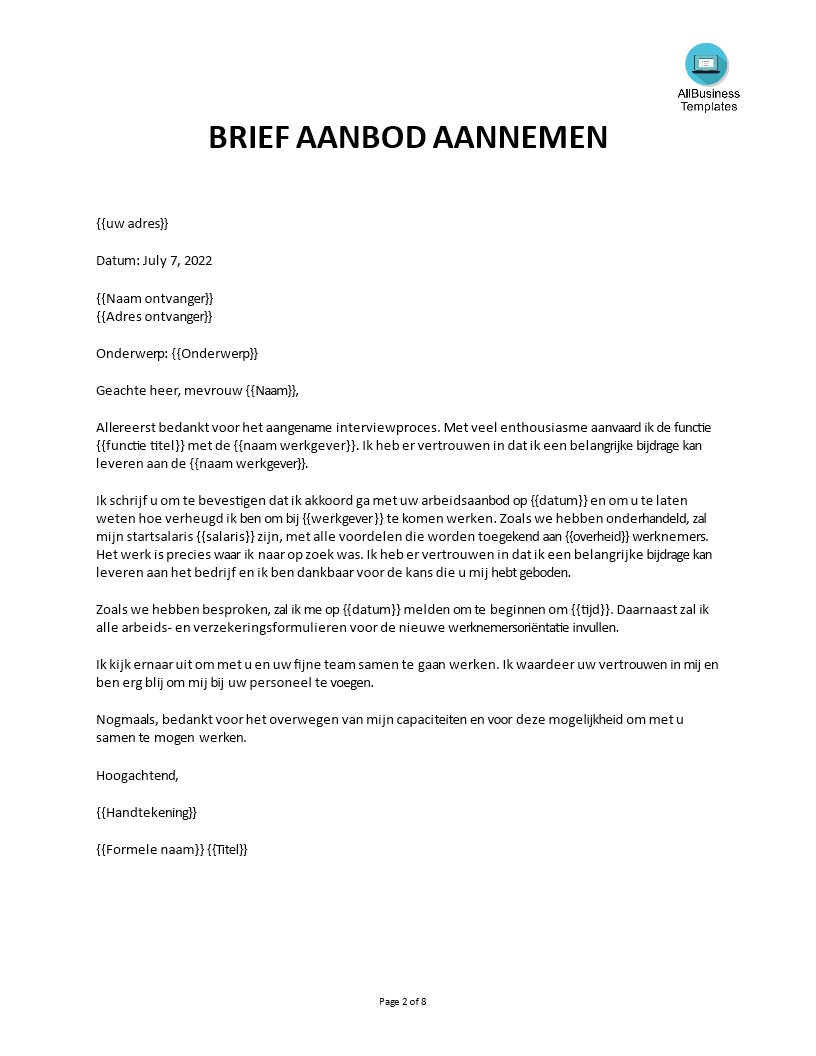 Accepteren Baanaanbieding Voorbeeldbrief 模板