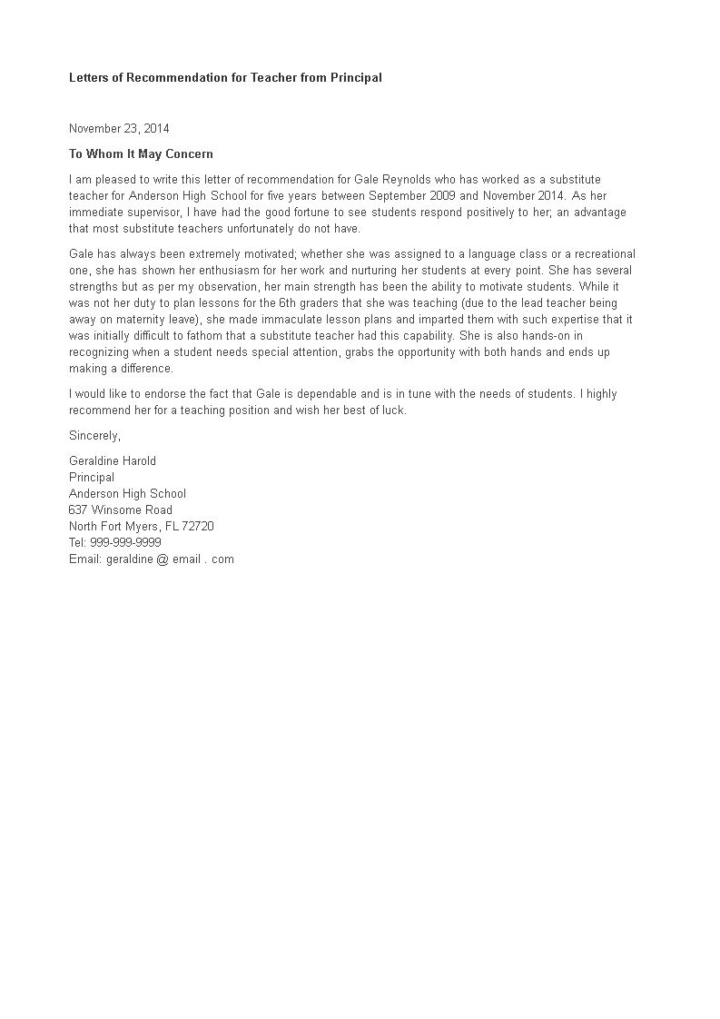 Letters of Recommendation for Teacher from Principal main image