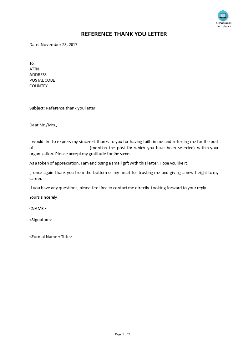 reference thank you letter template