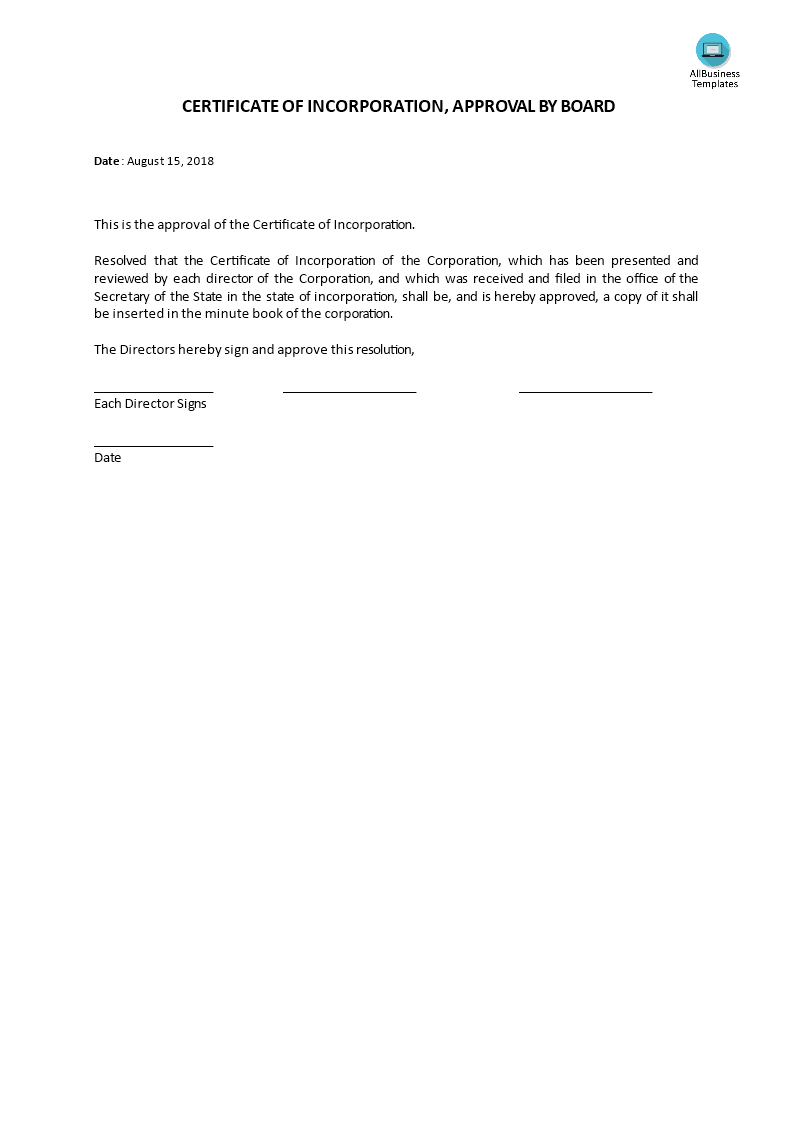 certificate of incorporation, board acceptance Hauptschablonenbild