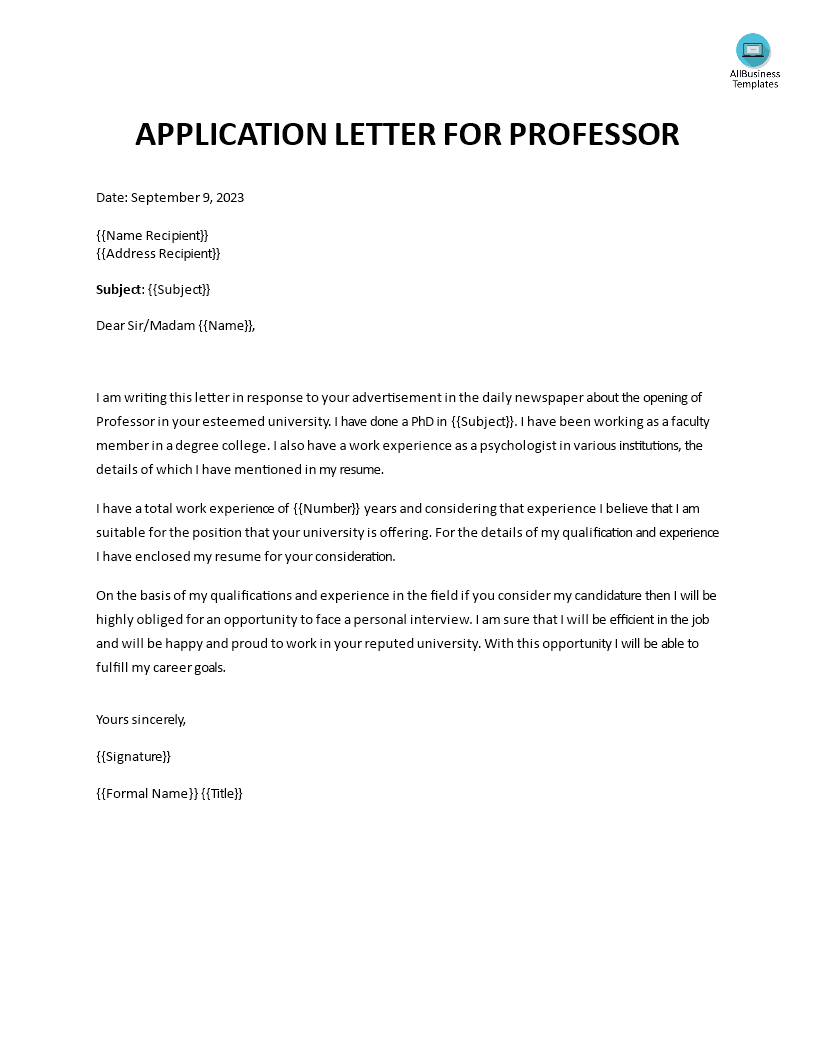 application letter for professor modèles