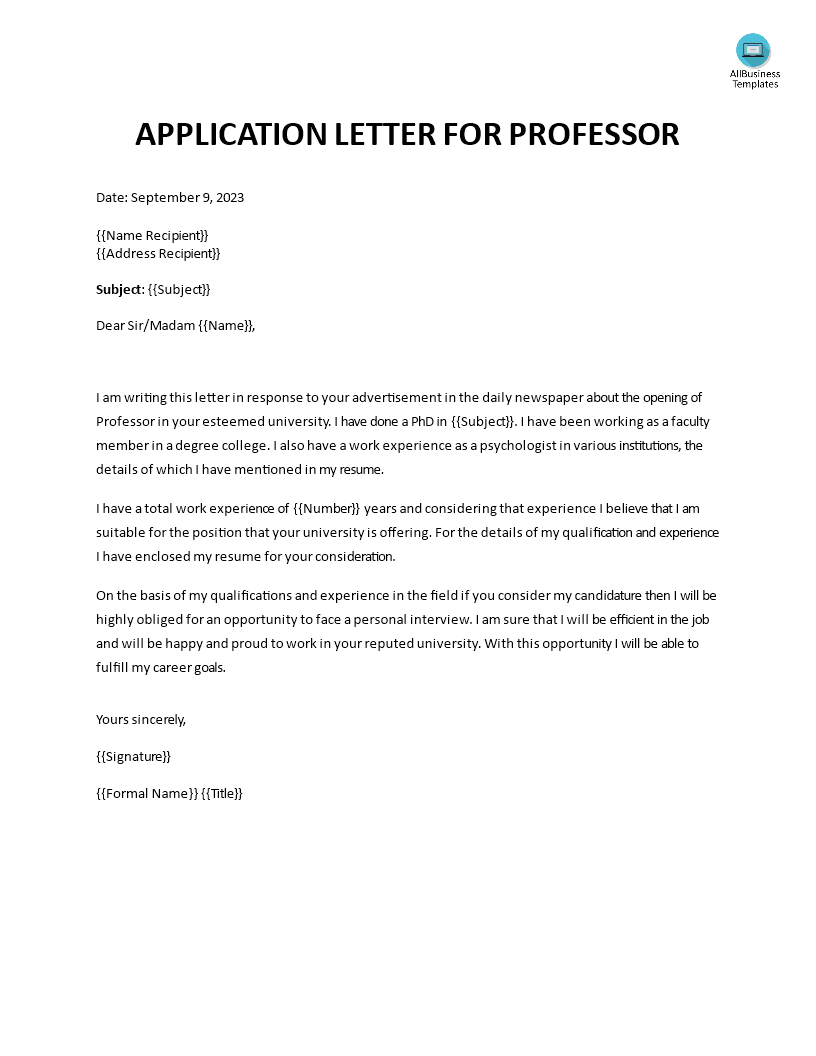  Application Letter For Professor Allbusinesstemplates