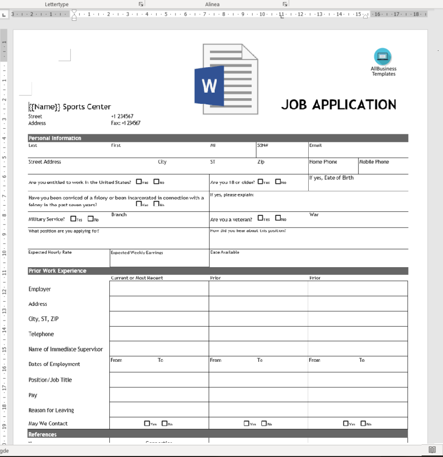 Sports Center Application Form.doc 模板