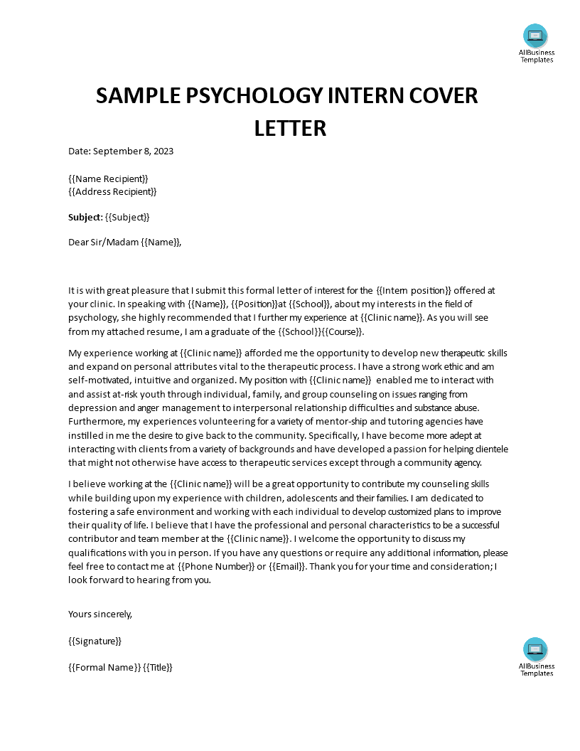 Psychology Internship Cover Letter 模板