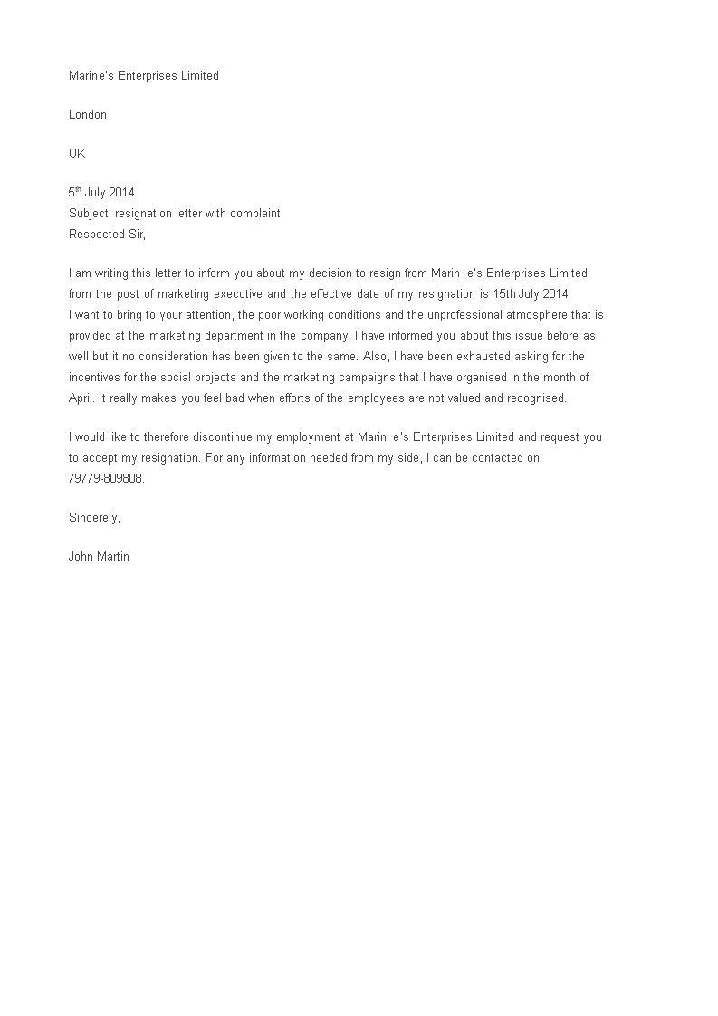Employee Resignation Complaint Letter main image