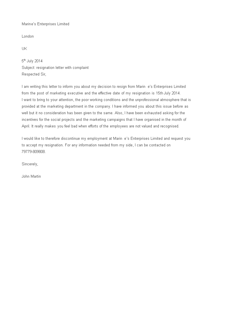 employee resignation complaint letter template