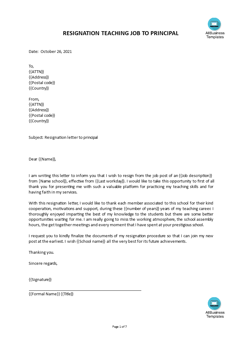 sample teacher resignation letter to principal voorbeeld afbeelding 