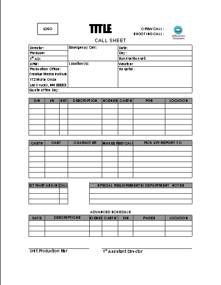 Kostenloses Blank Call Sheet For Film Call Sheet Template Word