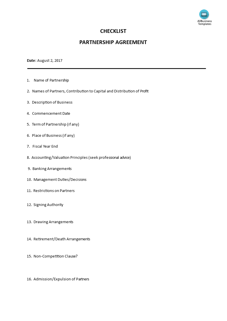 company partnership checklist voorbeeld afbeelding 