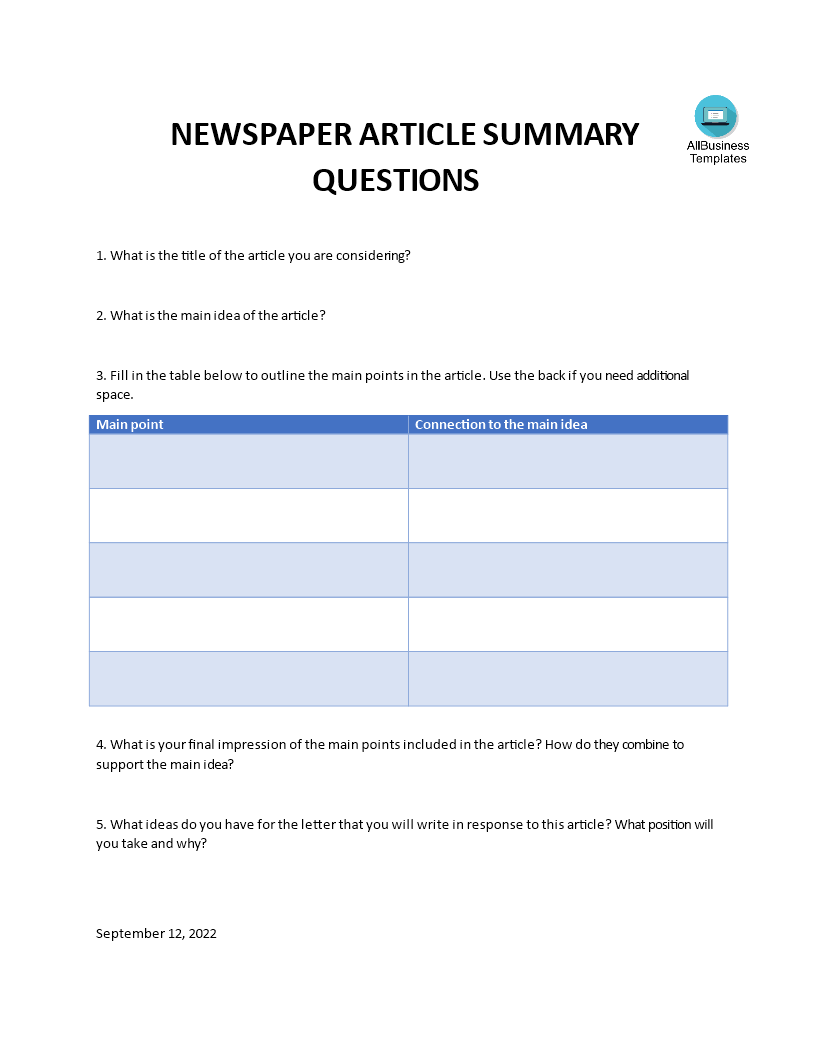 Newspaper Article Summary Questions Templates at