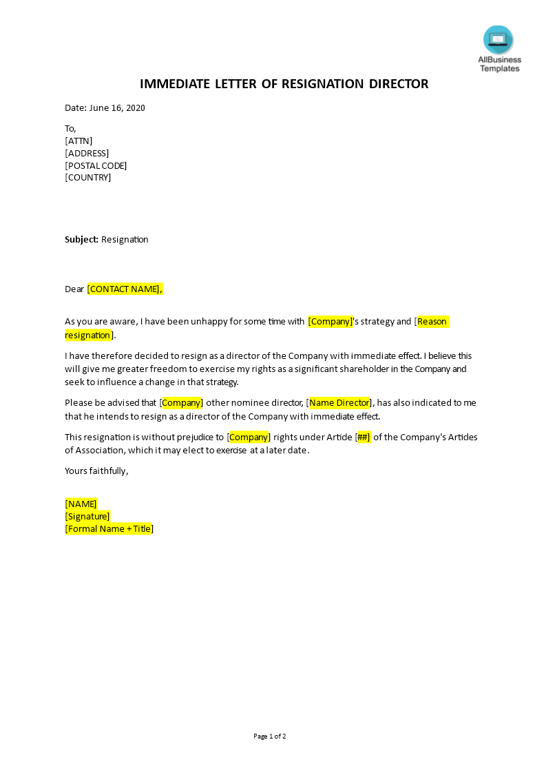 immediate resignation letter template