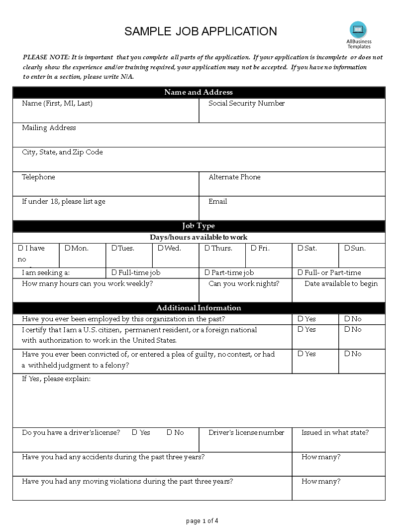 sample job application form template