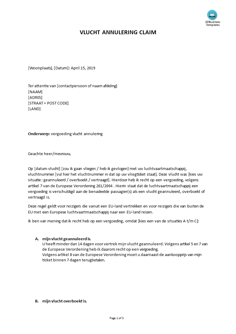 annulering vlucht claimbrief template